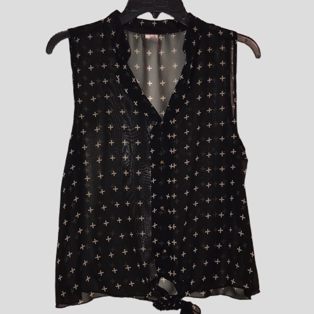 579 Black Sheer Gold Cross Knotted Button Down Top Size M